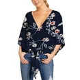 thumbnail image 2 of Defitshape Women's V Neck Blouse Summer Floral Boho Shirt Fall Top Cotton Light Cool Loose Fit 3/4 Sleeve Fashion Tie Front Knotted Crop Shirt Navy 8-10, 2 of 5