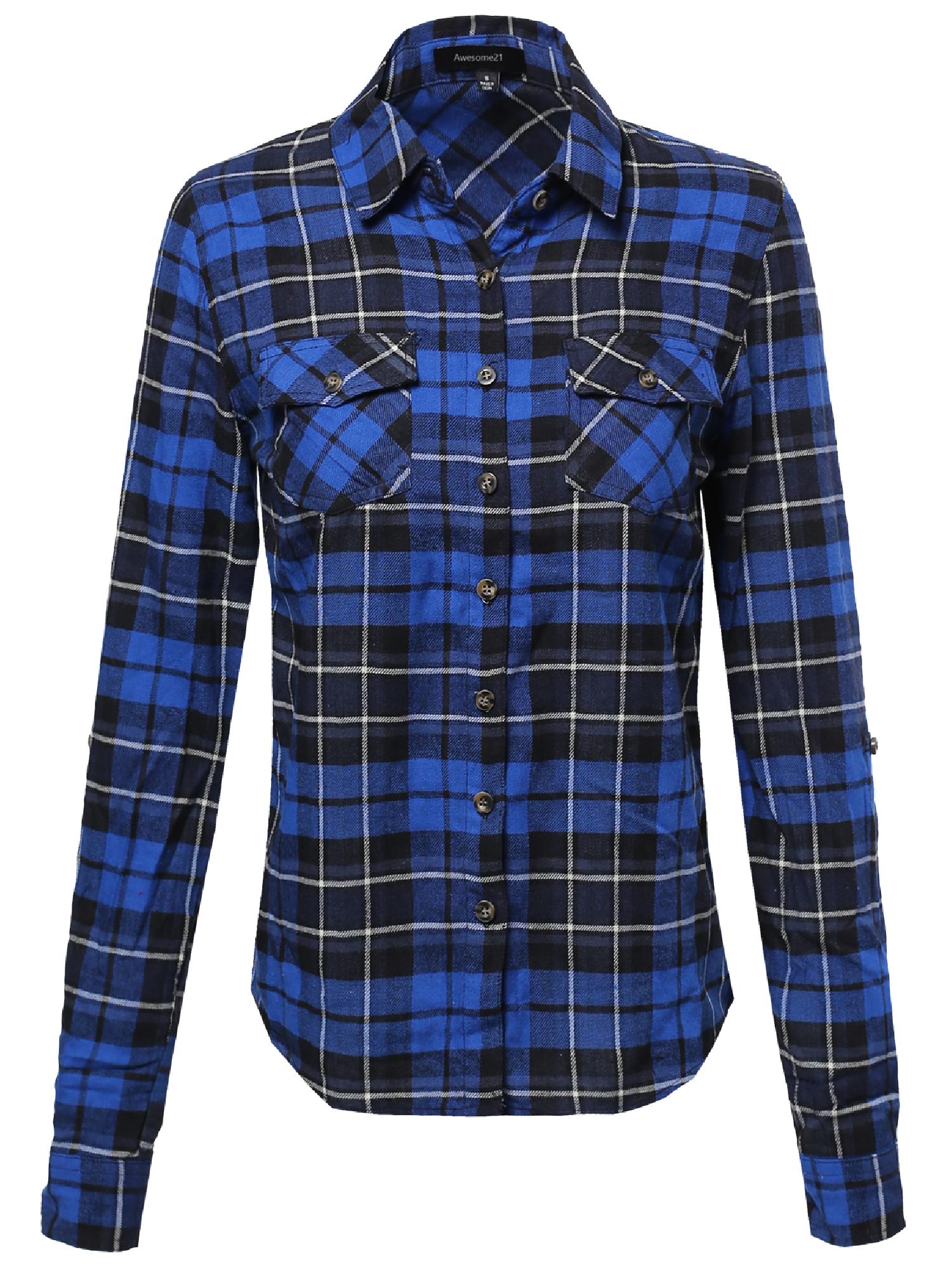 FashionOutfit Women's Flannel Plaid Checker Roll Up Sleeves Button Down ...