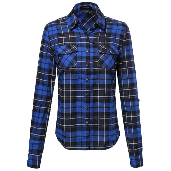 FashionOutfit Women's Flannel Plaid Checker Roll Up Sleeves Button Down Shirt