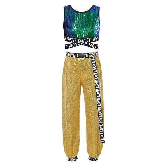 Hansber Kids Girls Jazz Hip-hop Costume Shiny Sleeveless Crop Top and Pants Set 2 Piece Street Dance Outfits Green&Gold 16