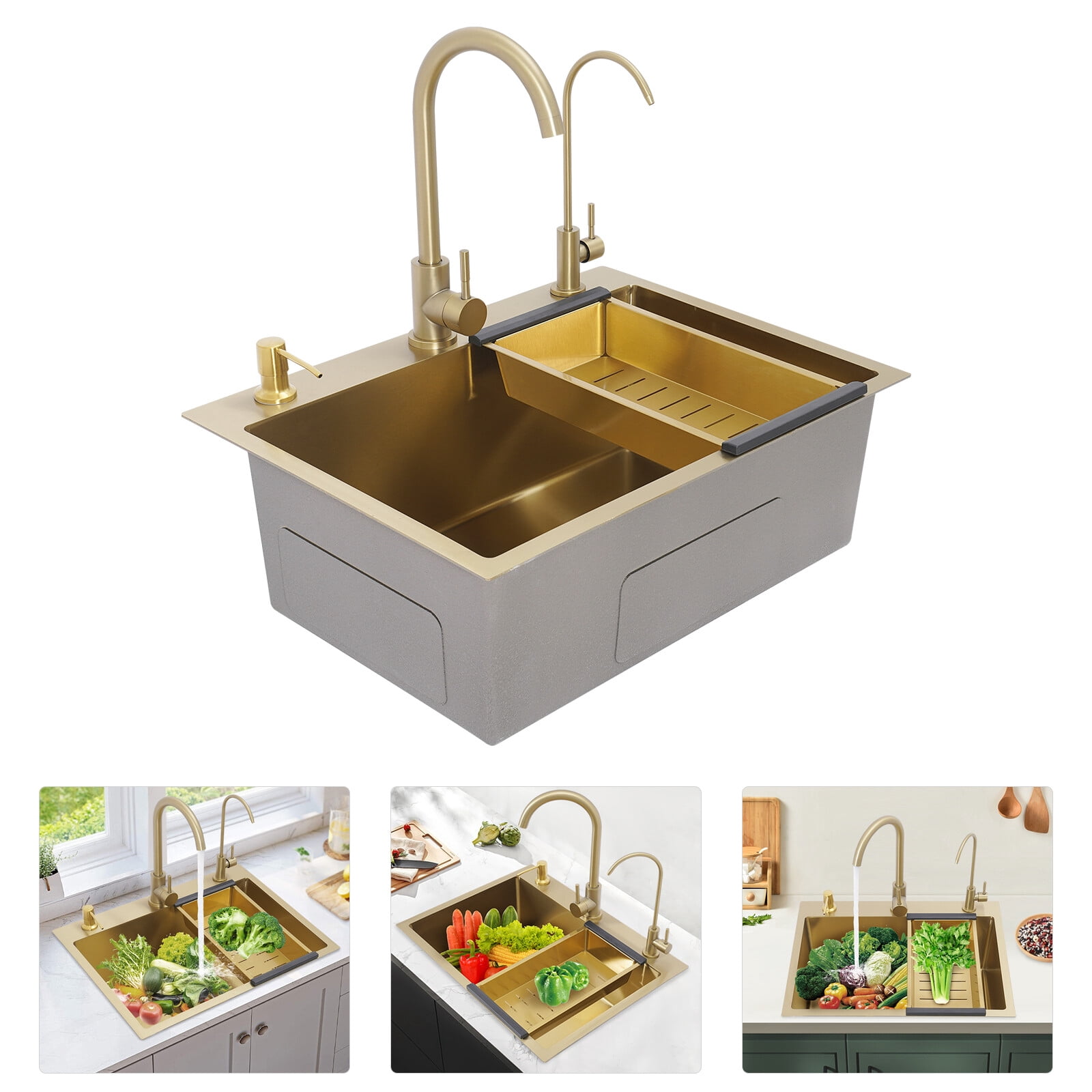 Gold Sink Set, 60x45cm Utility Sink with Faucet Soap Dispenser Drain Basket, Stainless Steel Laundry Tub, Large Capacity Kitchen Sink
