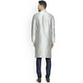 thumbnail image 3 of eloria Men's Traditional Silk Blend Solid Silver-Toned Kurta With Navy Blue Churidar Pyjama, 3 of 7