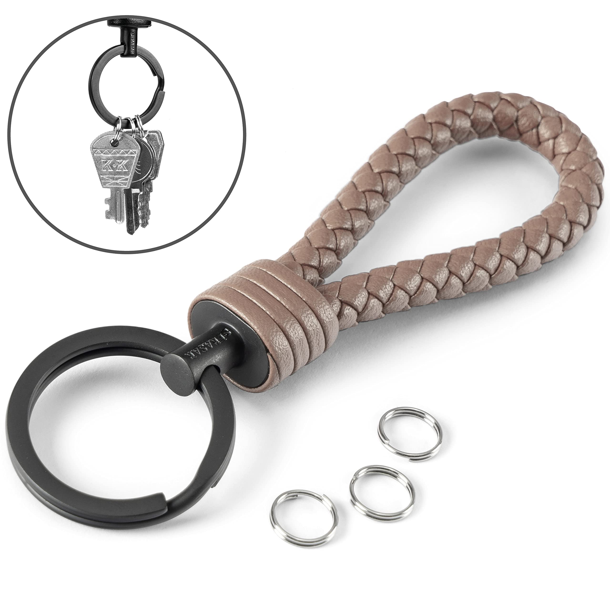 SERASAR | Leather Keychain [Strong] with Stainless-Steel Key Ring - 10 Colors - Camel - Leather