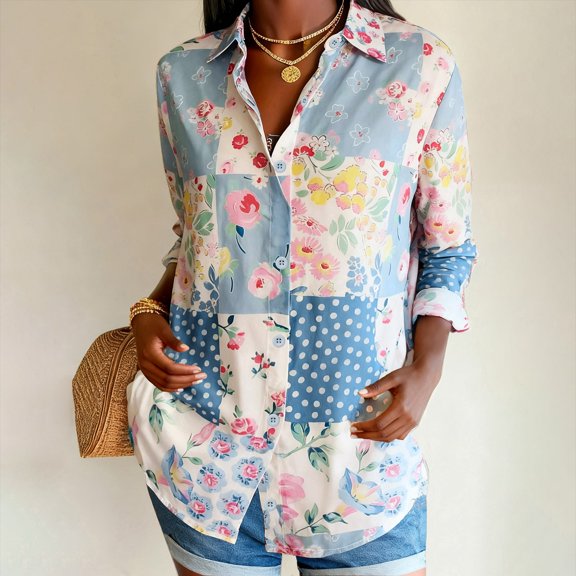 Women Shirts Button Down 3/4 Sleeve Floral Print Business Tops Lapel Collared Dressy Casual Fashion Work Blouses
