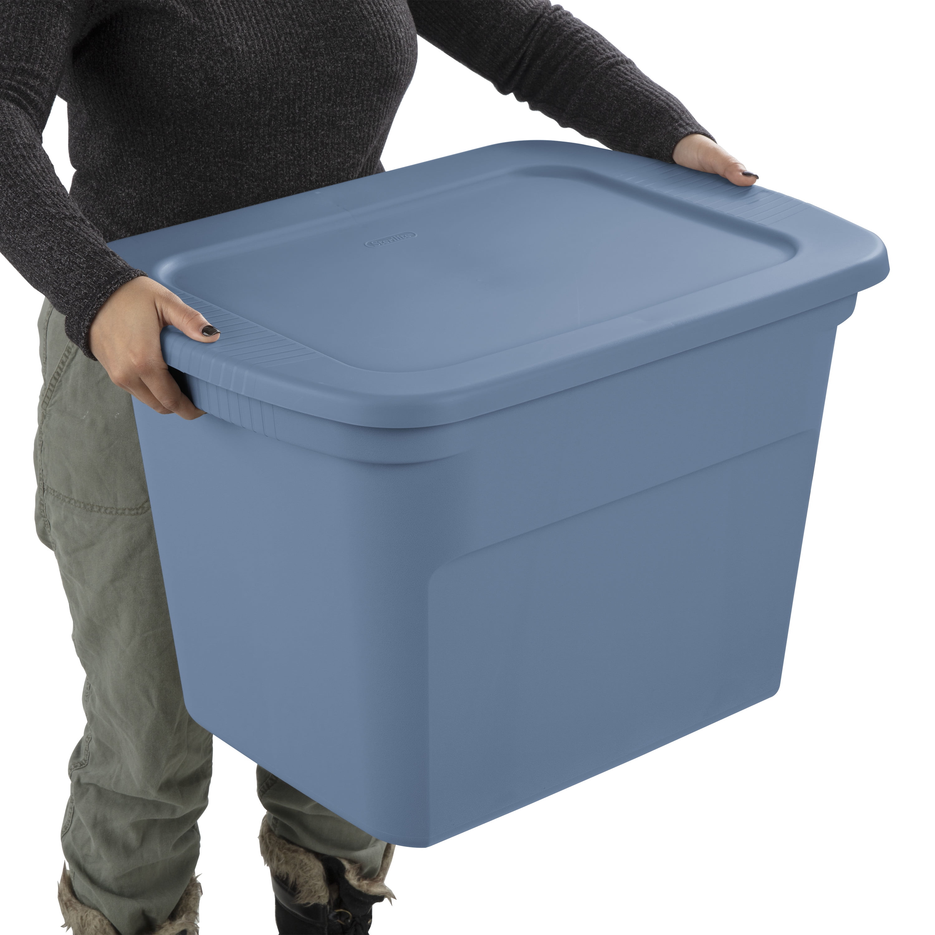 Sterilite 68 Liter Tote, Plastic Storage Bin with Snap-on Lid, Stackable, Blue