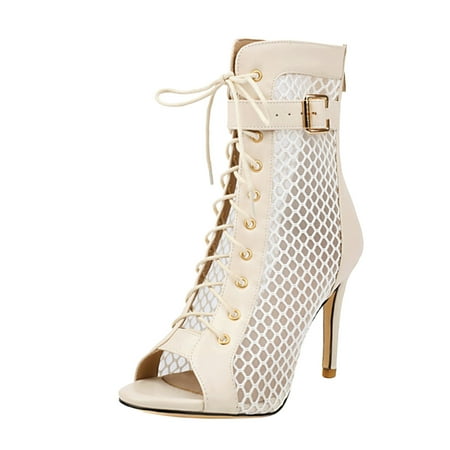 

PMUYBHF Women Sandals Size 8 Ladies Fashion Solid Color Leather Mesh Splicing Belt Buckle Open Toe Back Zipper Thin High Heeled Sandals