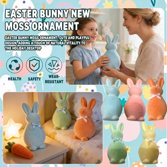 5PCS Easter Flocked Bunny Figurine 3.94in for Tabletop Shelf Decor, Soft Plush Look Rabbit Easter Decorations for Home Spring Display