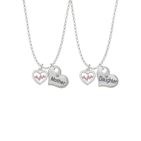 Delight Jewelry Heart with Pink Crystal Heartbeat Mother & Daughter Heart Necklaces (Set of 2), 19" 2"