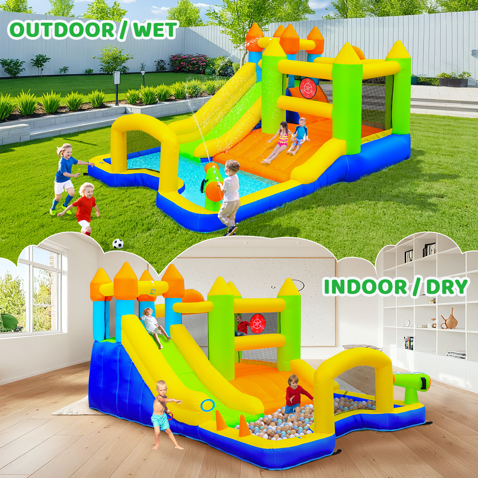 Pirecart 9 in 1 Inflatable Water Slides for Kids, Bounce House with Slide for Backyard, w/Climbing Wall, Splash Pool, Soccer Goal, Water Cannon, Air Blower
