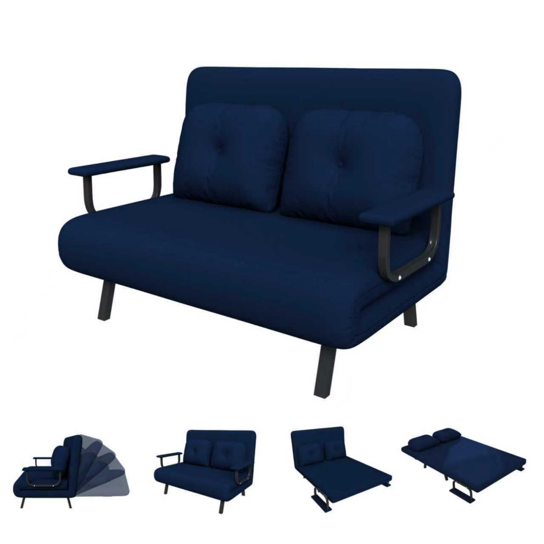 46" Corduroy Folding Sofa Bed Chair for Two, 5-in-1 Convertible Sleeper with Adjustable Backrest & Pillow, Blue