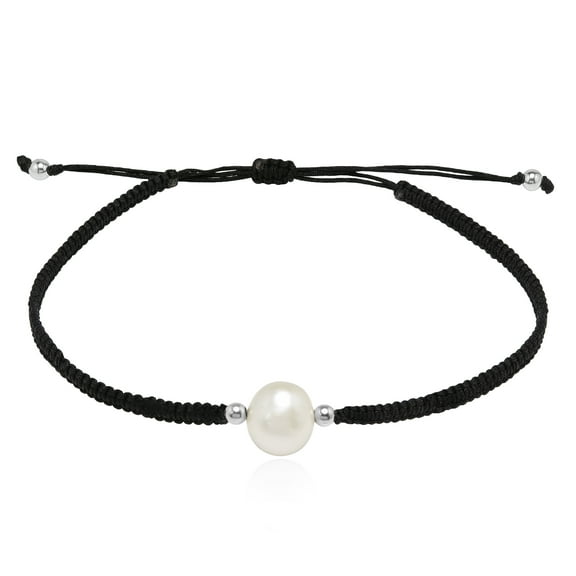 Simply Elegant Single Pearl on Black Cotton Rope Slide Bracelet