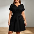 thumbnail image 7 of Summer Dress for Women 100% Cotton Notch V Neck Short Sleeve Pleated A Line Knee-Length Dress with Pockets, 7 of 7