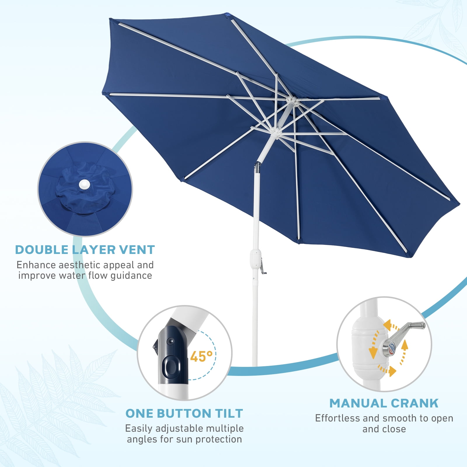 Aoodor 9FT Outdoor Patio Umbrella with 8 Steel Ribs and Push Button Tilt Crank, UV Protection, Dark Blue