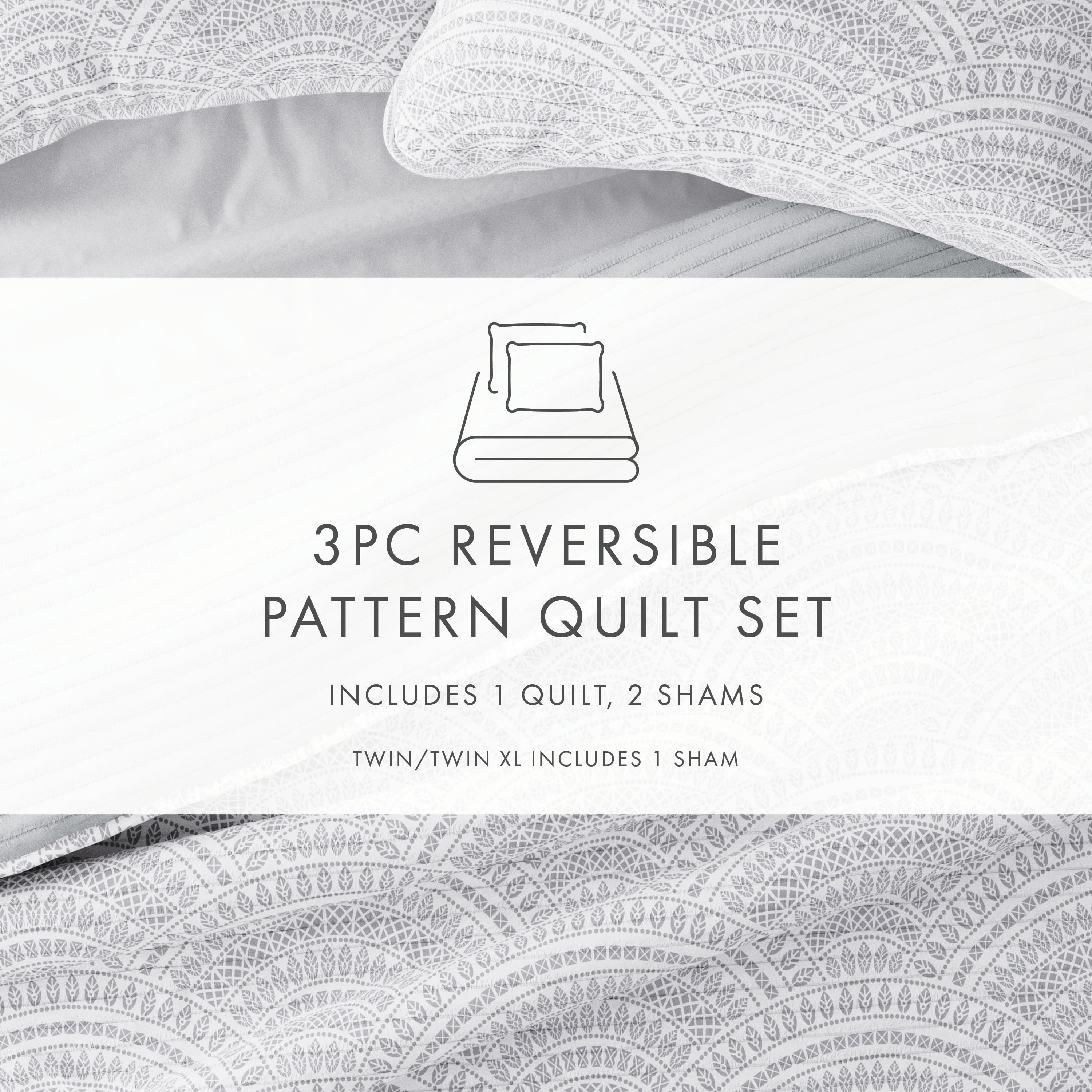 Noble Linens Light Gray 3 Piece Scallop Reversible Microfiber Quilt Set, King / CalKing