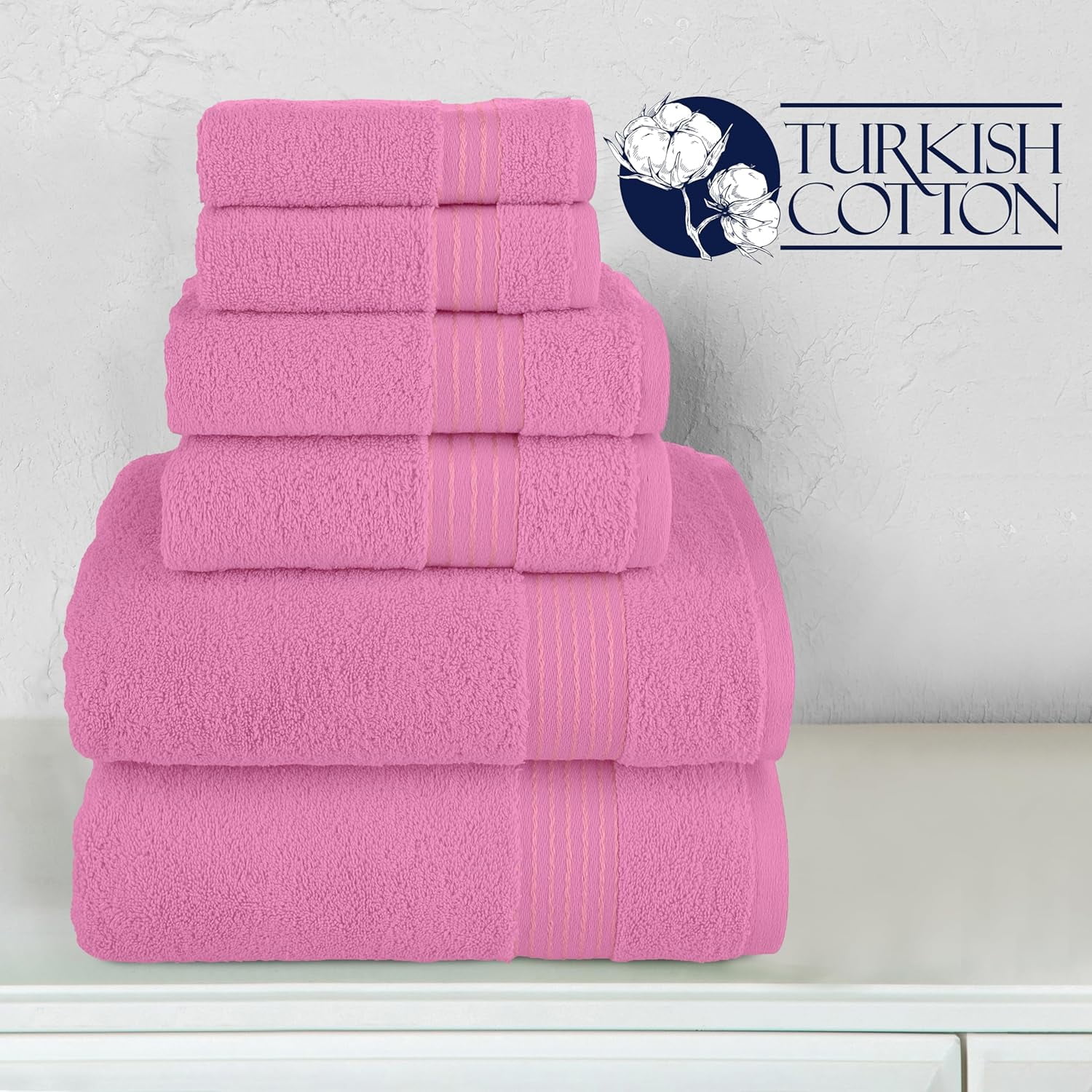 Elegant Comfort Cotton 6-Piece Towel Set, Includes 2 Washcloths, 2 Hand Towels and 2 Bath Towels, 100% Turkish Cotton - Highly Absorbent and Super Soft Towels for Bathroom, Light Pink