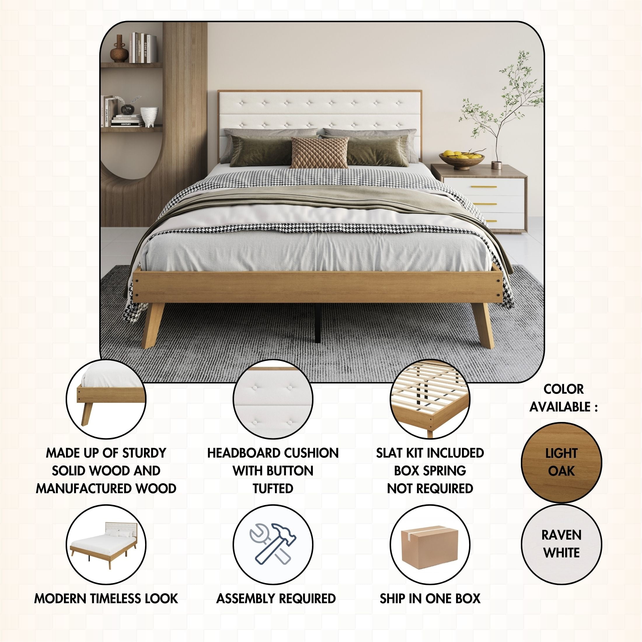 Castle Place Elegant Mid-Century Wooden King Platform Bed, White