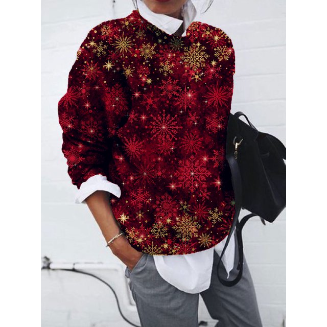 Hermoso jersey de invierno, suéter con estampado en contraste de copo de nieve de Navidad bonito y moderno, suéter de visón con cuello alto pequeño