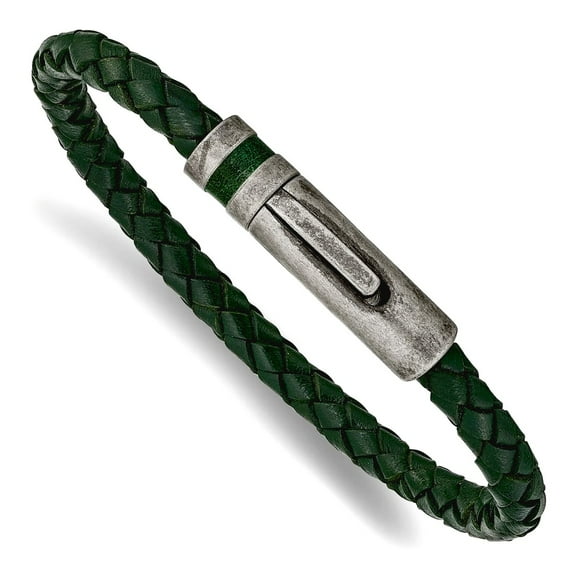 5.2mm Stainless Steel Oxidized Green Braided Leather Bracelet 8.25 Inch Link Bracelet for Women