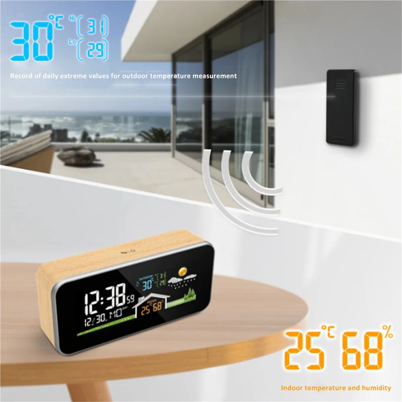 Wireless Weather Station Wooden Alarm Clock Digital Thermometer Humidity Temperature Wireless Sensor Home Desktop Time Watch