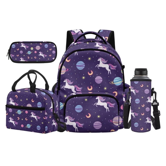 Yuyamidu Purple Galaxy Horse 4Pcs Kids Backpack for Girls Ages 6-12 Elementary School Bookbag Set with Lunch Tote, Water Bottle Bag, Pencil Case Back to School Supplies Daypack Rucksack