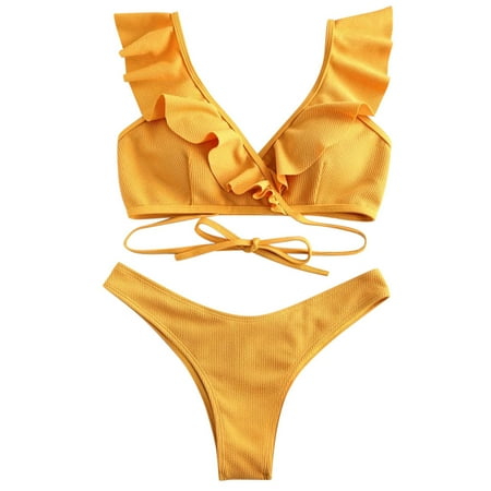 

Women Bikini Set Bathing Beachwear Set Padded Bikini Waist Ruffled Swimsuit High Swimwear Women Swimwears Tankinis Set