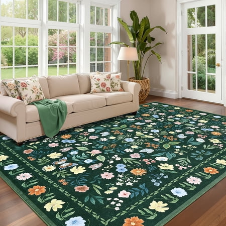 COZONY Boho Floral Area Rug 9x12 ft Washable Low Pile Faux Wool Rug with Non-Slip Backing