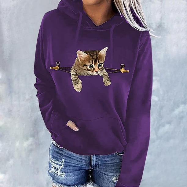 Pntutb Mujeres Casual Gato Impreso Pullover Manga Larga Con Capucha Bolsillo Blusa Sudaderas Con Capucha Tops Sudaderas Pntutb Pntutb-7375