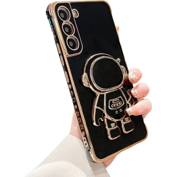 Compatible with Samsung Galaxy S22 Plus 6.6” Phone Case with Electroplated Cute Cartoon Astronaut Stand Holder Side Heart Pattern Plating Edge Bumper Soft Shockproof Kickstand Cover (Black)