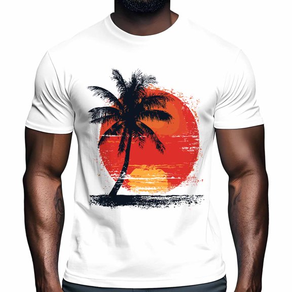 Vintage Sunset Men's T Shirts Coconut Trees Sea T-Shirt for Men Crew Neck Tees Cotton Tops White, L