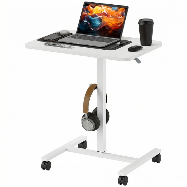 HOMCOM Bureau Debout Mobile Table au-Dessus du Lit avec Roues, Grain de Bois Blanc