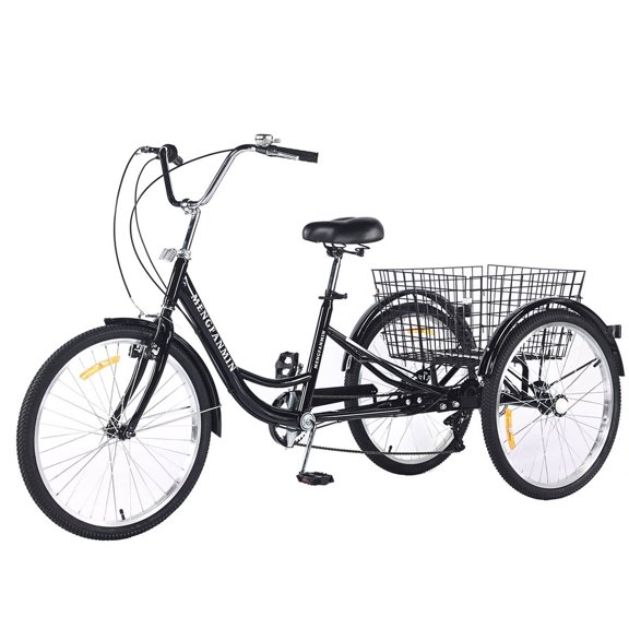 MENGFANMIN Adult Tricycle 7 Speed, 24 Inch 3 Wheel Bikes Extended Rear Wheelbase Tricycle Wheel Bike with Rear Basket for Women Seniors Maximum Load 550lbs