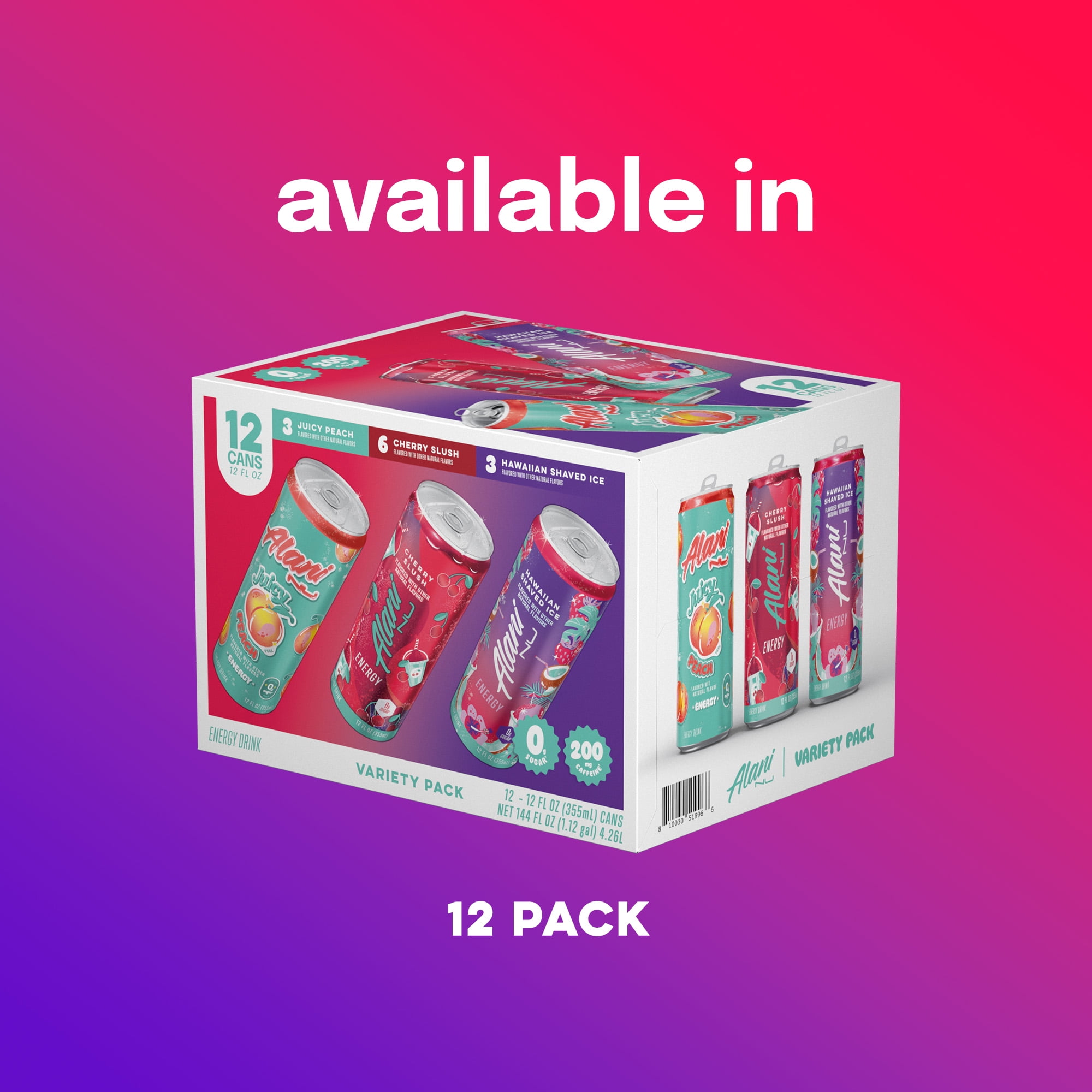 Alani Nu Sugar Free Energy Drink, Variety Pack, Cherry Slush, Juicy Peach, Hawaiian Shaved Ice, 12 fl oz, 12 Pack, Cans, 200mg Caffeine