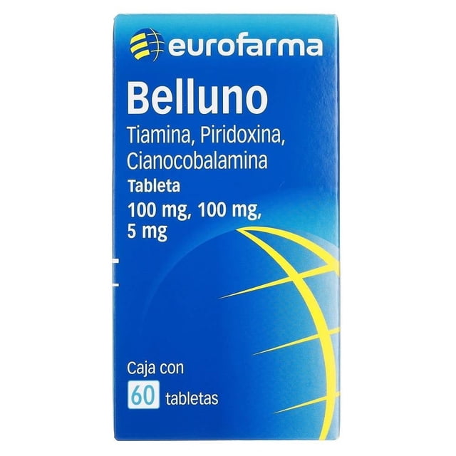 Belluno Tiamina, Piridoxina, Cianocobalamina caja con 60 tabletas de 100mg/100mg/5mg cada una