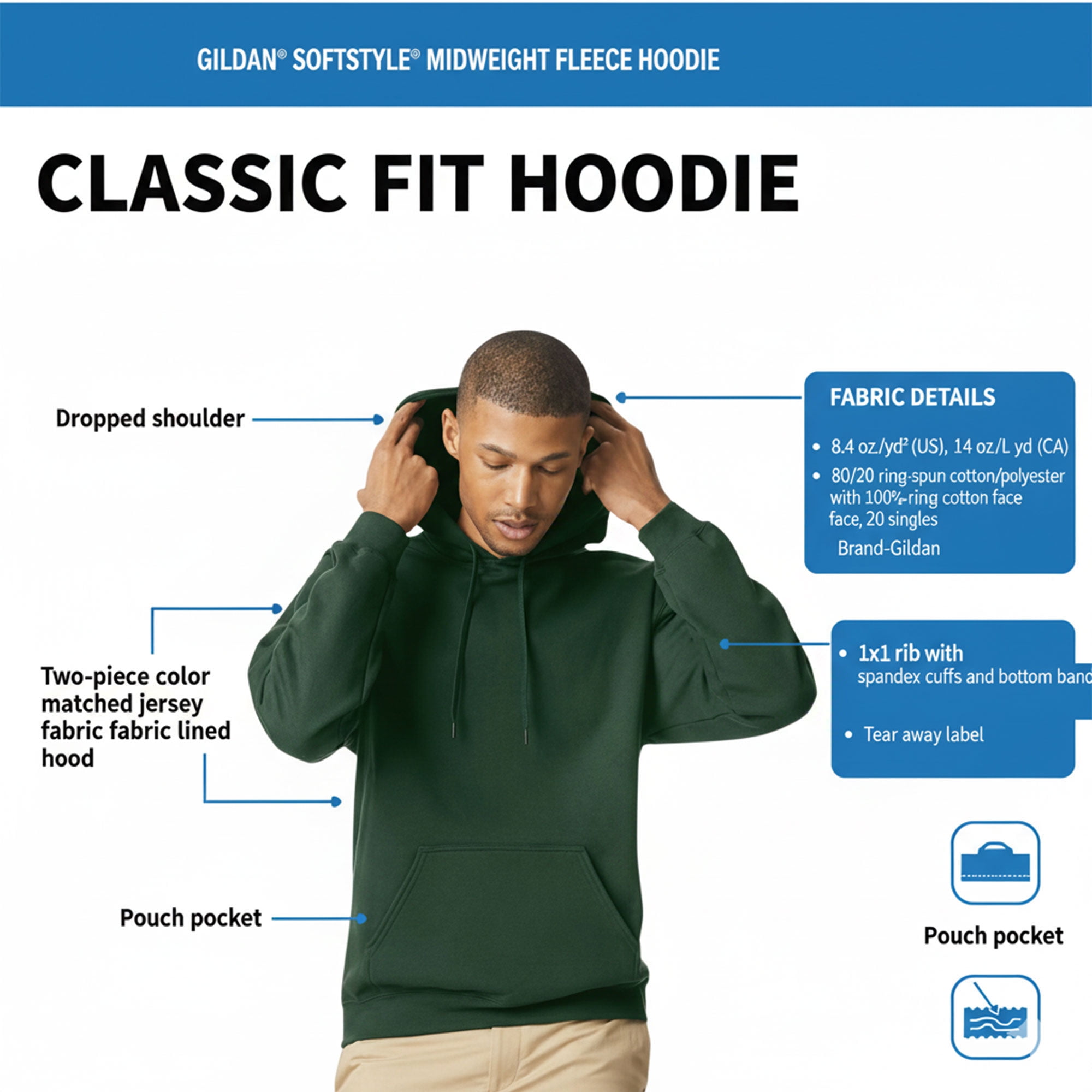 Gildan Unisex Softstyle Hooded Sweatshirt, 80/20 Cotton/Polyester Winter Long Sleeve Fleece Hoodies (Black, L)