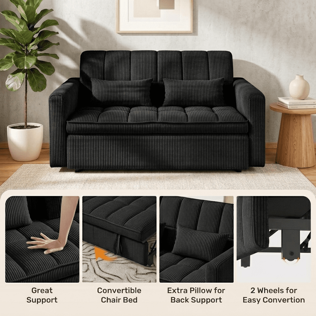 Howcool Sleeper Sofa Bed, Pull Out Couch, 3-in-1 Convertible Loveseat Sofa with Adjustable Backrest, Corduroy Couch for Living Room, Apartment & Small Space, Black