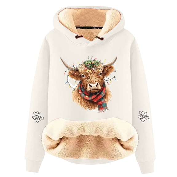 Ugly Christmas Sweatshirts For Women Highland Cow Print Fleece Sherpa Lined Hoodies Casual Fashion Xmas Holiday Party Pullover Tops