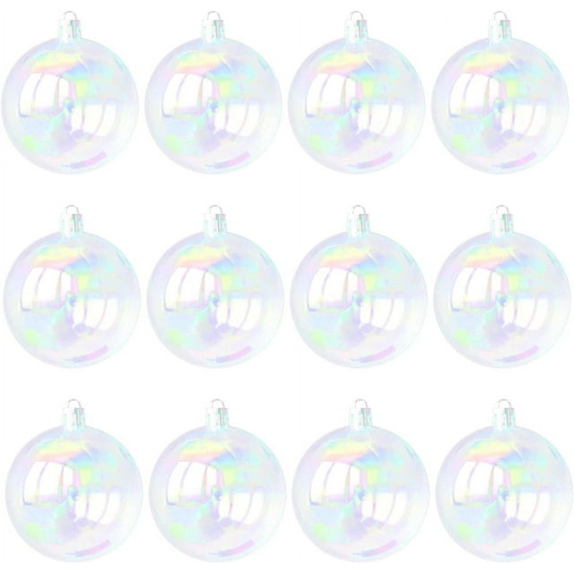 NOGIS - 12 bolas navideñas iridiscentes de plástico para colgar, ideales para decorar el árbol de Navidad, bodas y fiestas (transparentes, 3 cm)