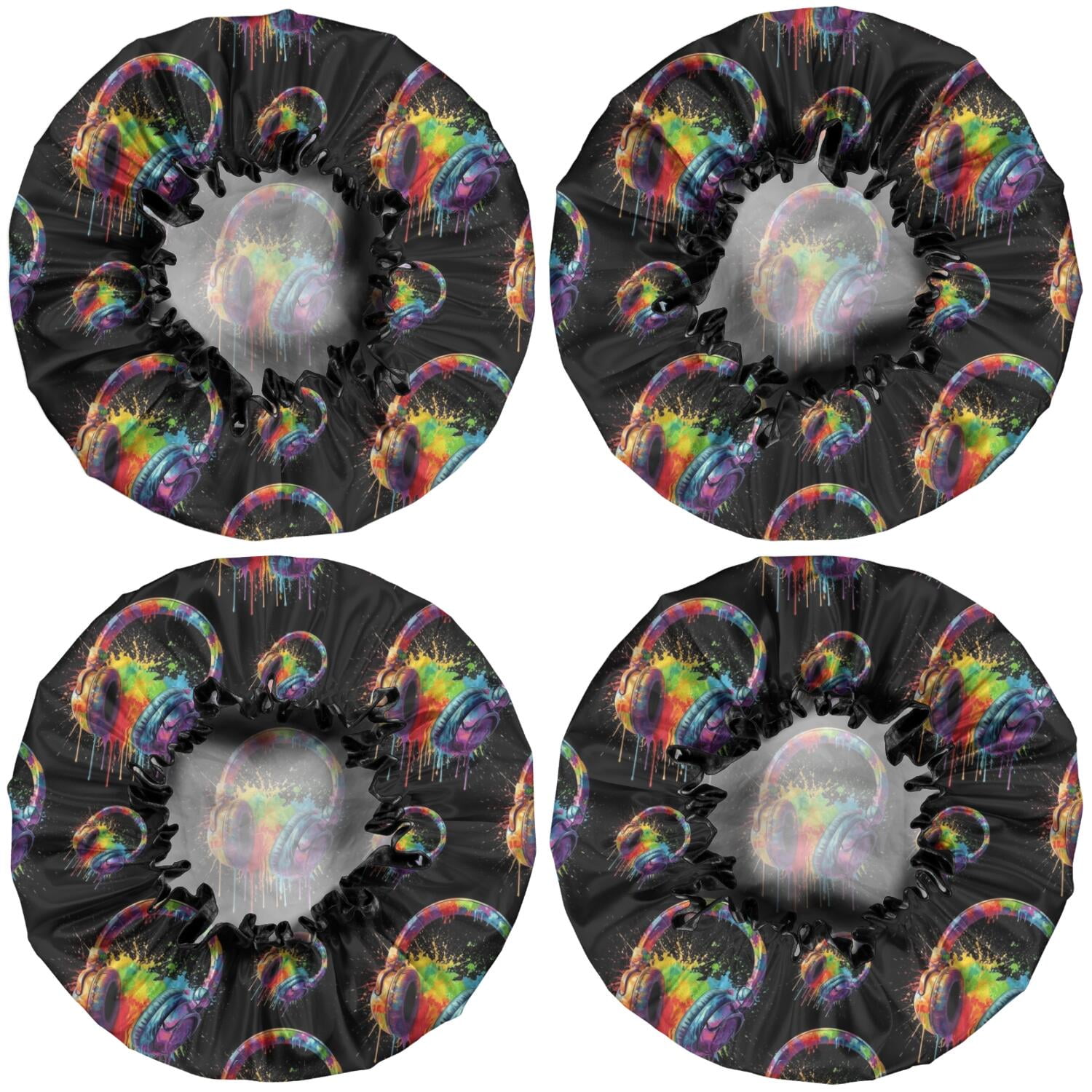 Shower Caps,Colorful Headphones Games Black Pattern Waterproof Shower Cap for Women 4 Pieces,Double Reusable Hair Cover for Shower PEVA Elastic Stretch Hem