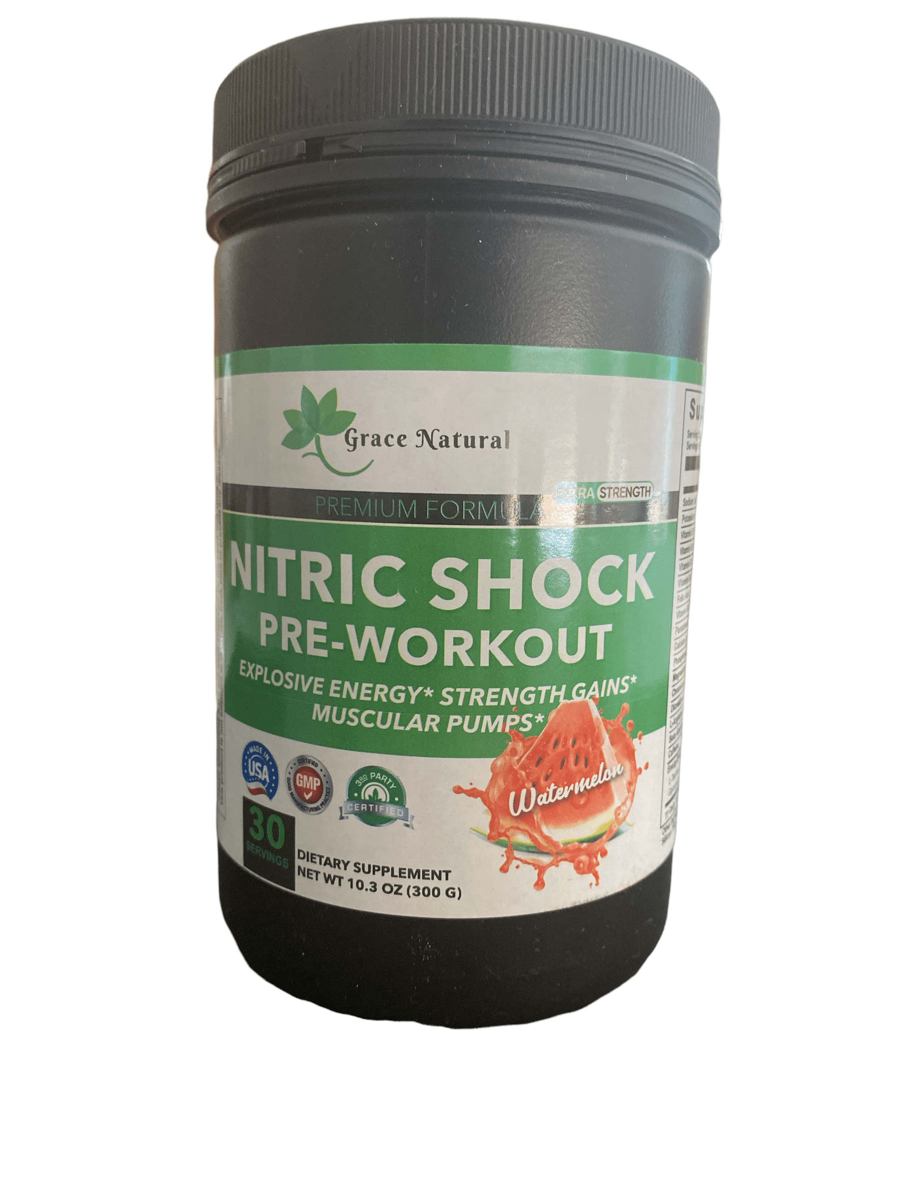 Grace Natural Nitric Shock Pre-Workout Watermelon Flavor Explosive Energy Strength Gains Muscular Pumps 30 Servings Dietary Supplement 10.3 oz 300 G Made in USA