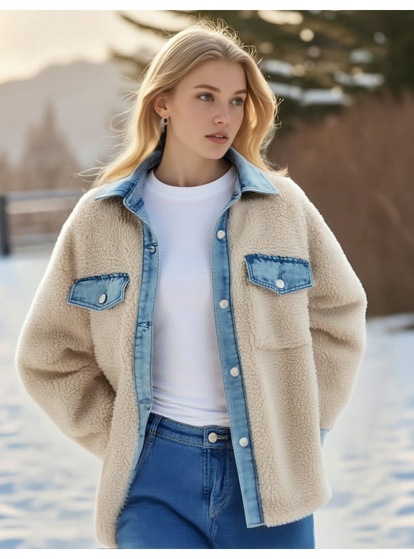 Women's Colorblock Patchwork Fleece Jacket In Denim And Teddy Fleece With Long Sleeves And Pockets Ideal For Fall And Winter Wear