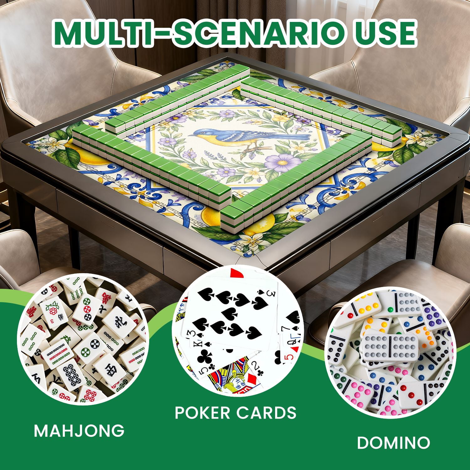 Mahjong Mat 31.5" x 31.5" Blue Yellow Bird Lemon Floral Non-Slip Noise Reduction American Mahjong Tiles Table Cover for Dominoes Poker Card Board Games Gift