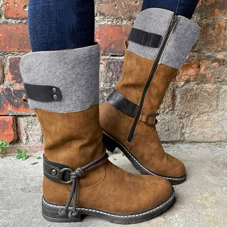

VKEKIEO Wide Calf Knee High Boots For Women Round Toe High Heel Heels Slingback Brown Winter Boots