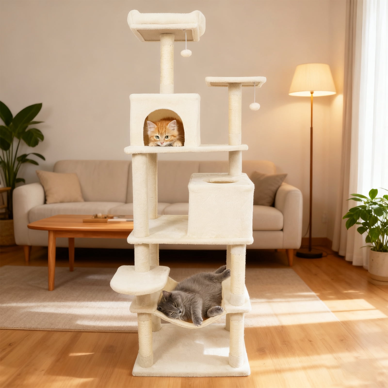 Costway 70” Cat Tree for Indoor Cats with Padded Top Perch, Dual Condos, Hammock, Platforms Beige