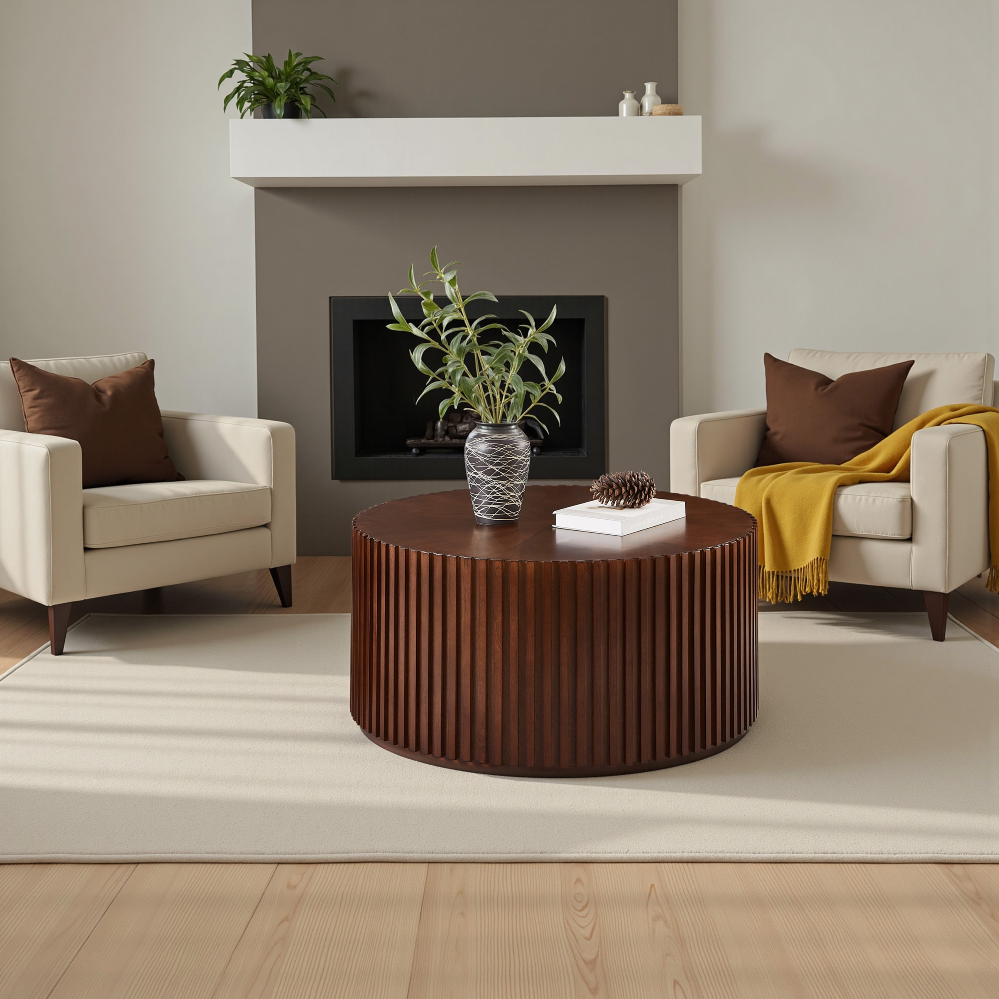 Gexpusm Round Coffee Table, Solid Wood Center Table for Living Room, Circle Drum Coffee Table with Handcrafted Relief, Walnut