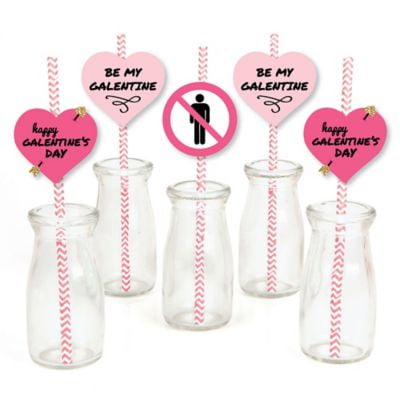Be My Galentine - Paper Straw Decor - Galentine's and Valentine's Day Party Striped Decorative Straws - Set of 24