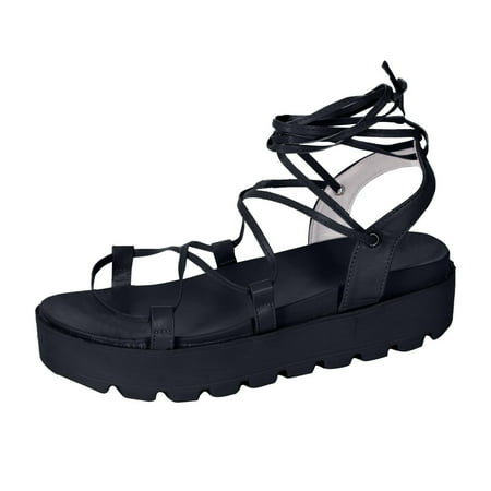 

YanHoo Clearance Lace Up Women Girls Sandals - Open Toe Wrap Tie up Flat Slide Sandals - Comfortable Slip On Thong Strappy Spring Summer Shoes.