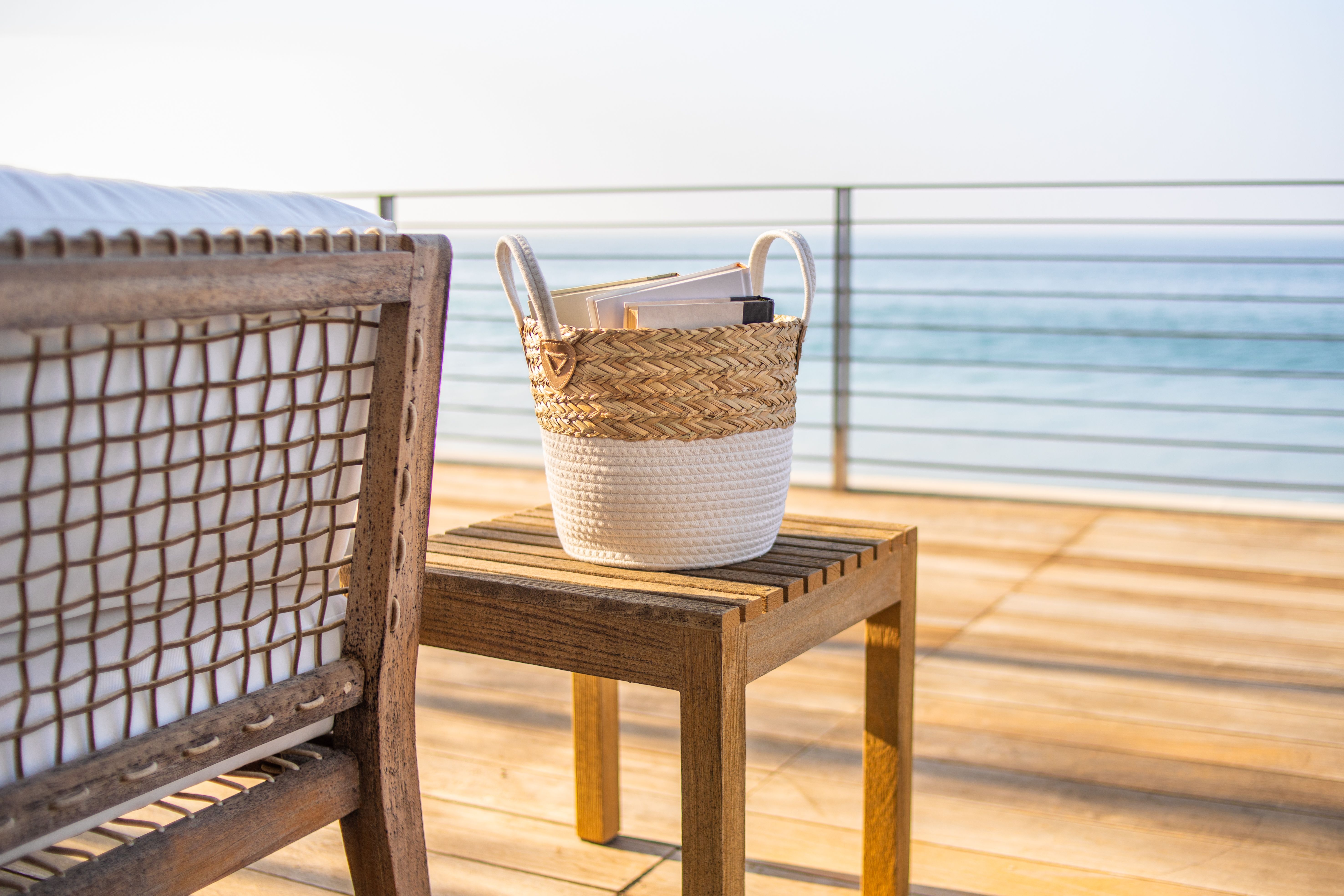 Set of 2 Round Storage Basket, Braided Seagrass & Cotton Rope (MD+SM), Natural & White