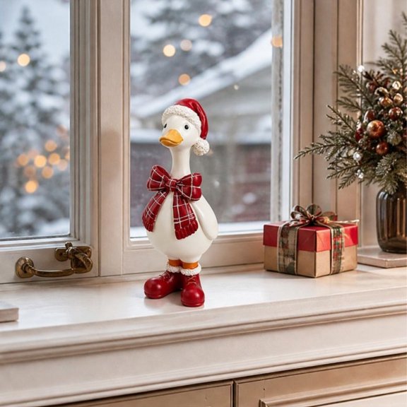 Christmas Resin Duck Figurine With Santa Hat And Plaid Bow, Cute Tabletop Ornament For Xmas Home Mantel Decor