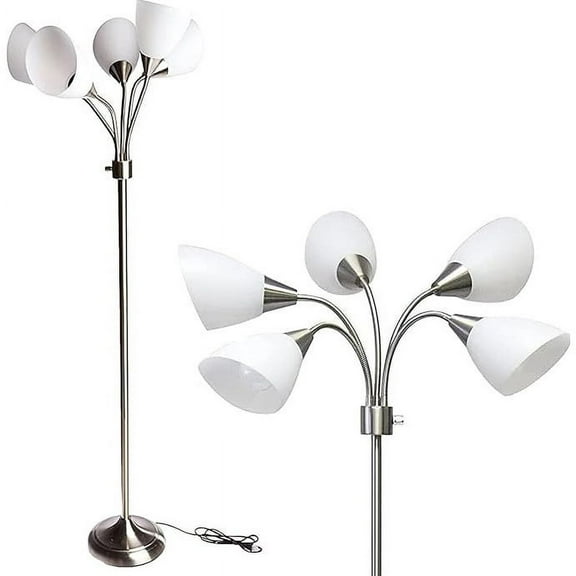 5-Light Multi-White Shade Floor Lamp Adjustable Gooseneck Arms Silver-