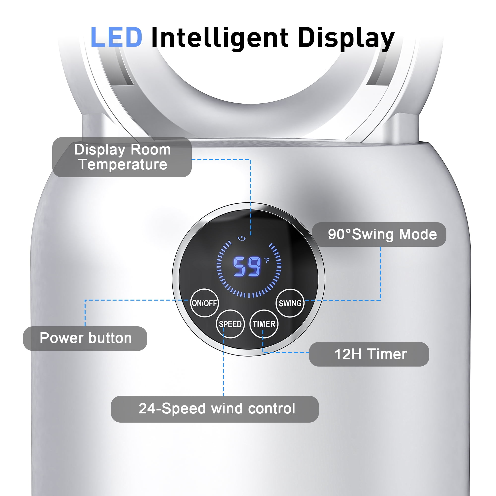 ADVWIN Smart Bladeless Tower Fan, 26ft/s Fast Cooling, 24 Speeds, App Control, 90° Oscillation, Silver